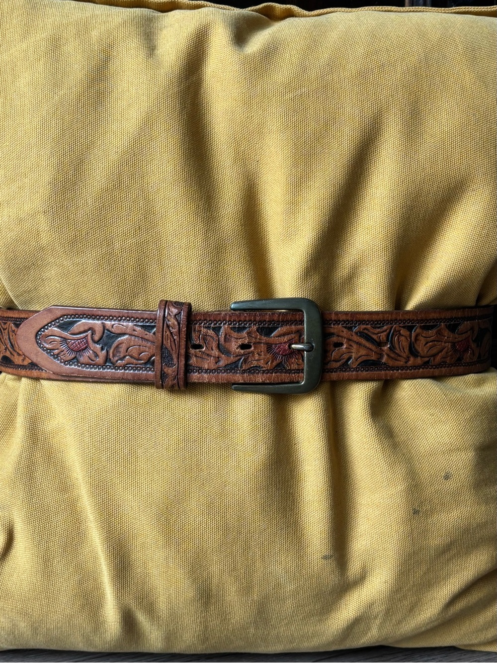J. Crew Hand-Tooled Floral Full Grain Brown Leather Belt with Brass Buckle
